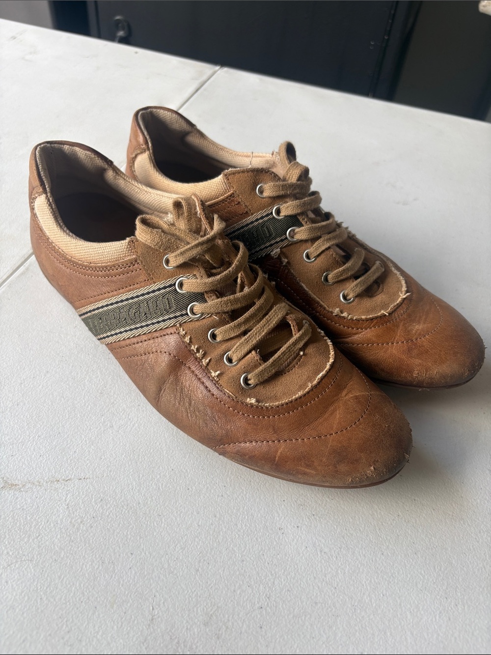 Salvatore Ferragamo Tan Brown Leather Lace-Up Sneakers